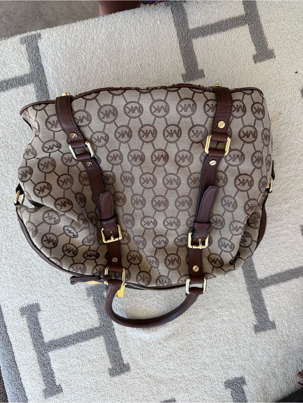 Michael Kors Beige and Brown MK Logo Satchel with Gold Hardware